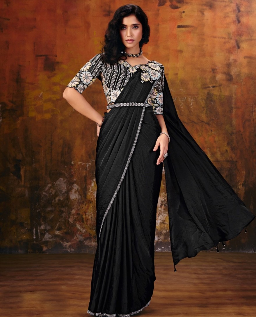 27115 - Jet Black Embroidered Wedding Party Designer Saree